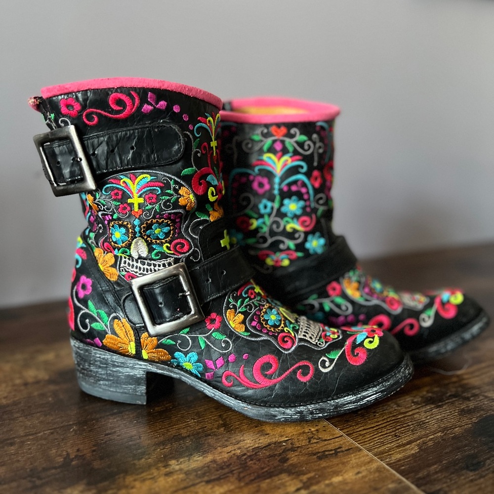 Old Gringo Klak Sugar Skull Black Leather Rainbow Biker Boots 7.5 - Picture 1 of 15